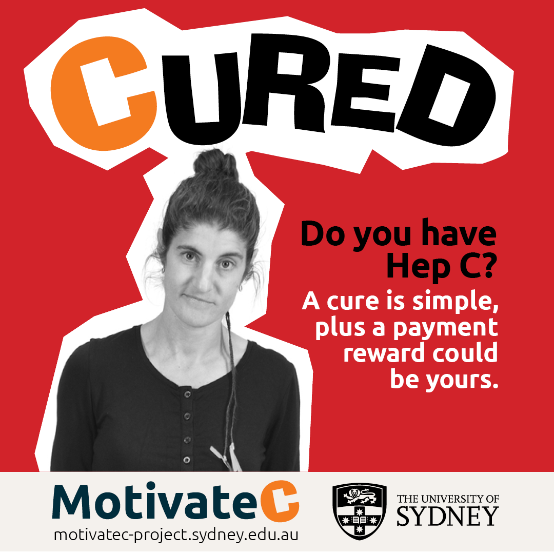 Woman on red background with the word CURED and the text "Do you have Hep C? A cure is simple, plus a payment reward could be yours."